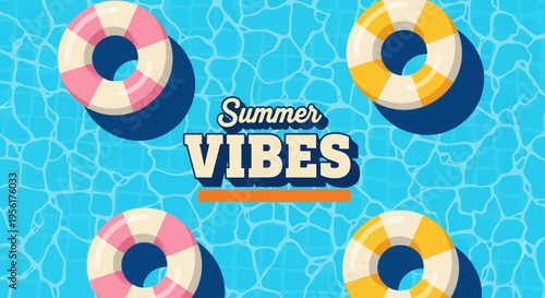 Summer vibes with colorful pool floats on blue water background