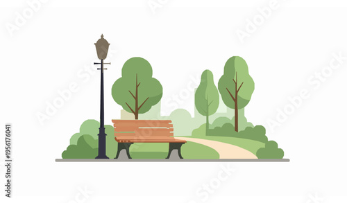City park scene with bench and streetlamp urban green space flat vector illustration isolated on white