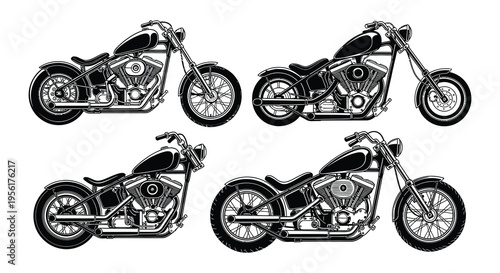 Four vintage chopper motorcycles illustrated in a black and white style