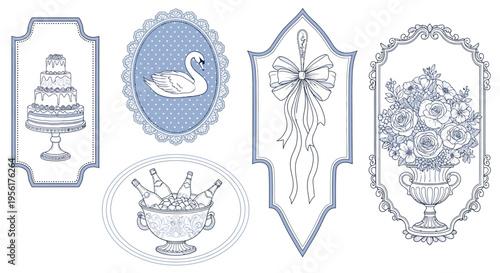 Vintage blue and white illustrations of cake swan urn and floral designs