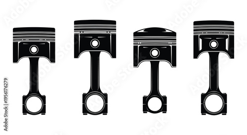 Four automotive pistons displayed in a black and white illustration