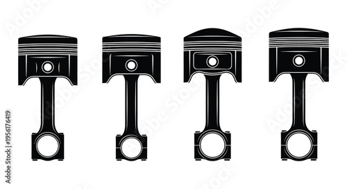 Four automotive pistons displayed in a black and white illustration