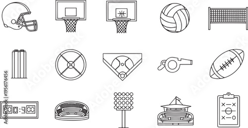 Team Sports and Stadium Infrastructure Icon Set with Basketball, Volleyball, Football and Scoreboard