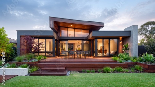 Modern luxury home exterior with a beautiful deck and landscaped yard