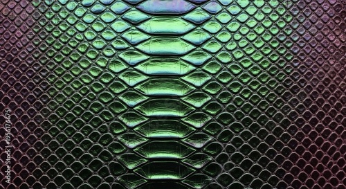 Close-up Macro Shot of Iridescent Green and Purple Snake Skin Texture.
