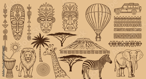 African safari adventure with traditional tribal masks and wildlife
