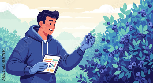 Young man in blue hoodie picking blueberries with tablet.