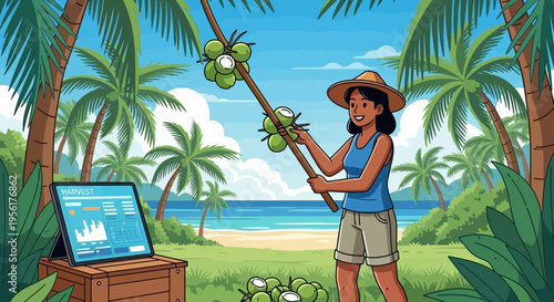 Young Woman Harvesting Coconuts on Tropical Island.