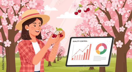 Young Woman Harvesting Cherries with Business Analytics Data.