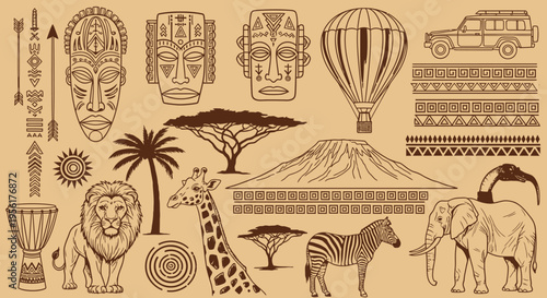 African safari adventure and ancient egyptian symbols collage