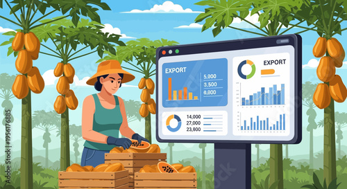 Farmer analyzing data on a digital screen in a papaya orchard.