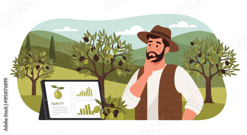 Farmer analyzing data on tablet in olive grove.