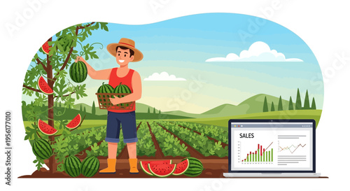 Farmer harvesting ripe watermelons in a field with a laptop showing sales data.