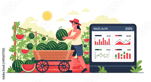 Farmer harvesting watermelons with digital data analysis.