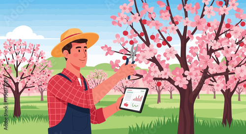 Farmer Inspecting Fruit Trees with Tablet and Pruners.