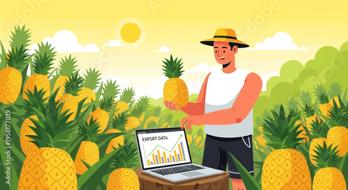 Farmer inspecting pineapple harvest with laptop data analysis.
