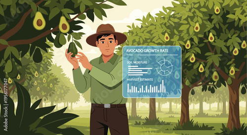 Farmer Inspecting Ripe Avocado Fruit on Tree Branch.