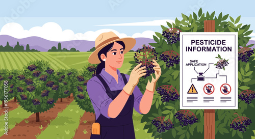 Farmer inspecting ripe berries with pesticide information sign nearby.