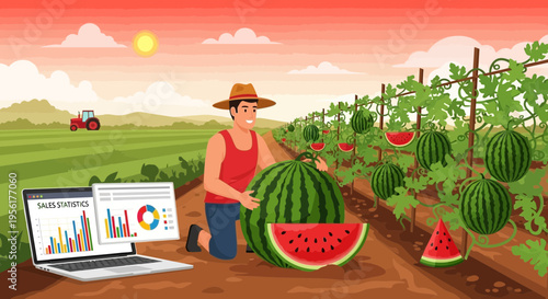 Farmer Inspecting Ripe Watermelon with Technology in Field.