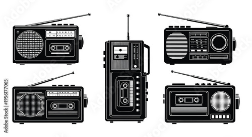 Collection of vintage transistor radios in black and white illustration