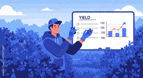 Farmer presenting yield data on a whiteboard in a field.
