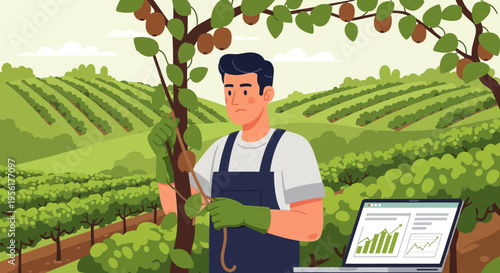 Farmer tending to crops with modern technology in orchard.