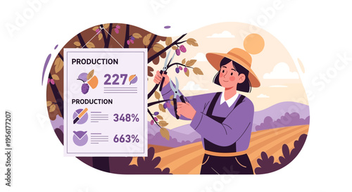 Farmer woman harvesting fruits with production data chart.