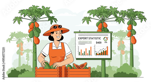 Farmer woman with papaya harvest and export statistics chart.