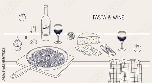 Pasta and wine still life illustration