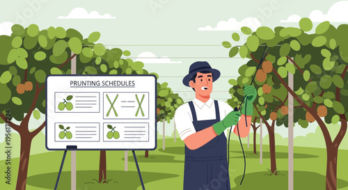 Gardener demonstrating pruning techniques with a whiteboard.