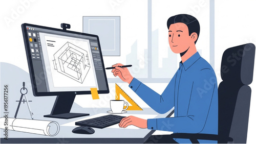 Man sitting at desk working on computer with graphic design on screen