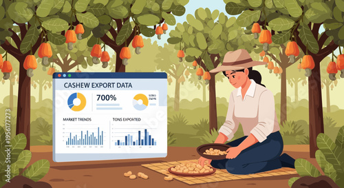 Woman farmer analyzing cashew export data on a tablet.
