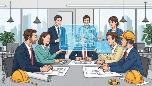 Engineers and architects collaborate on construction project blueprints in office