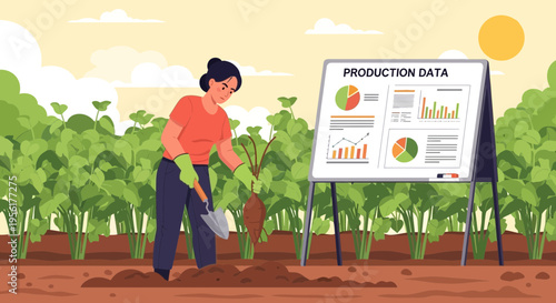 Woman farmer analyzing production data in a field.