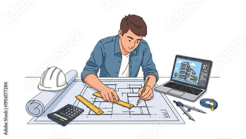 Man working on architectural blueprint with laptop and tools nearby indoors