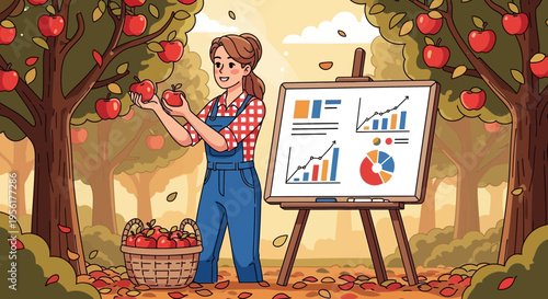 Woman farmer analyzing apple harvest data on easel.