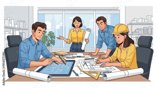 Construction team discussing building plans in office meeting room with blueprint