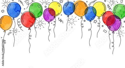 Colorful balloons floating in the air with confetti on a white background