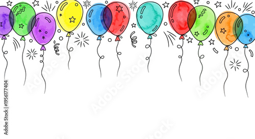 Colorful balloons floating in the air with ribbons and confetti