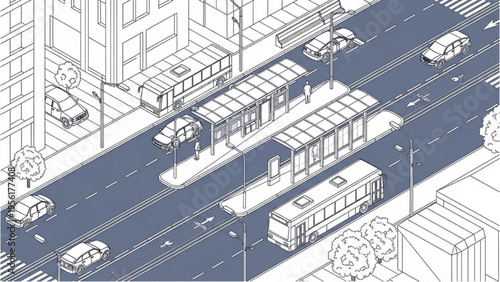 Cars and buses travel on a city street with buildings nearby