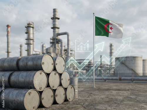 Algeria's Oil & Gas Industry: Barrels, refinery, national flag, and rising economic indicators symbolizing growth, exports, and market prosperity in the energy sector.