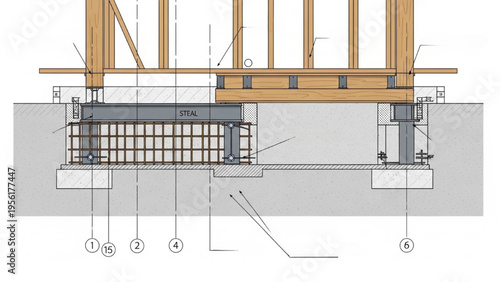 A detailed illustration of a building's foundation and framework structure