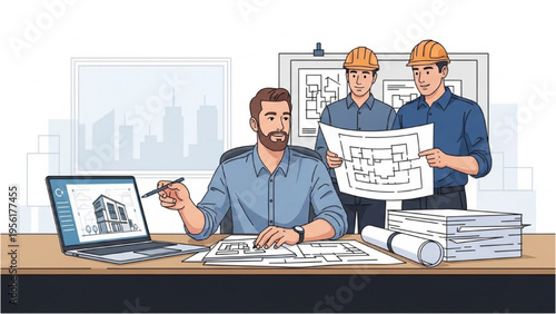 Men working on architectural plans with laptop and blueprints indoors
