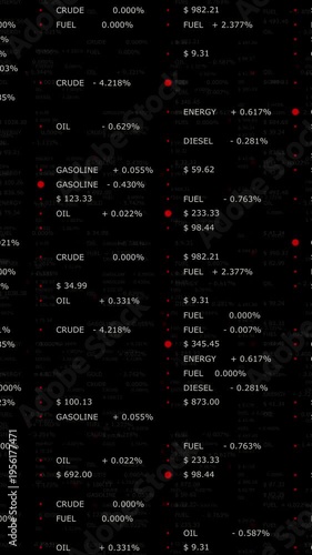 Floating financial data with oil, fuel, gasoline and energy prices on dark background, highlighting global crisis, market instability, and rising energy costs. Vertical animation.
