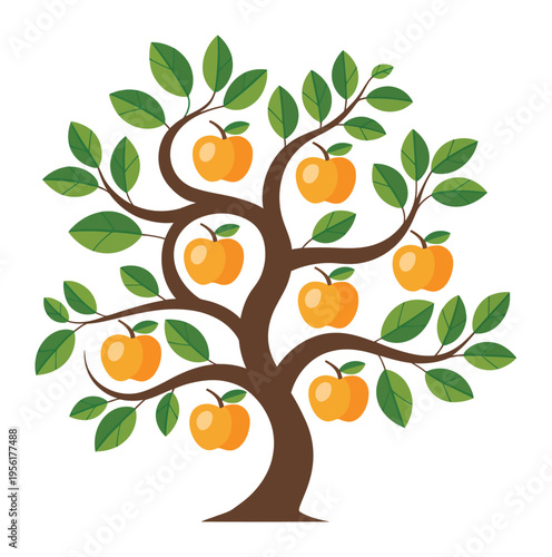 A stylized of a tree laden with ripe, golden apples and lush green leaves