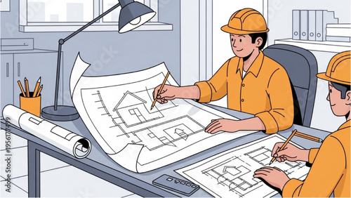 Two workers review construction blueprints at a desk in an office