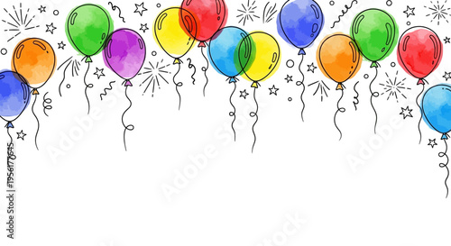 Vibrant colorful balloons floating in the air with strings and fireworks