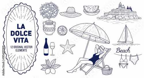 La dolce vita italian beach vacation illustration