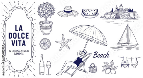 La dolce vita beach illustration with various summer icons