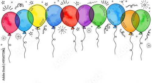 Colorful balloons floating in the air with confetti